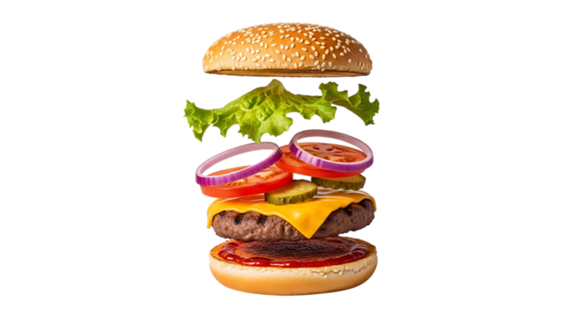 Exploded view of a delicious classic cheeseburger with fresh ingredients, isolated on transparent background