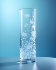 Tall transparent glass etched with intricate floral artwork glowing under calm soft blue lighting ambiance
 