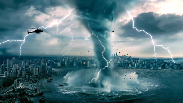 Dramatic urban tornado with helicopter amidst stormy lightning strikes over city