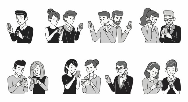 Diverse group of people engrossed in their smartphones, ignoring each other.