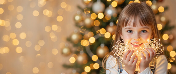 Joyful little girl holding illuminated christmas fairy decorations and smiling. Happy child celebrating winter holidays with a festive decorated tree. New year celebration concept