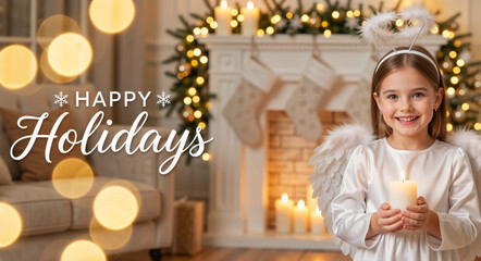 Obraz premium A happy child in an angel costume holds a lit candle on christmas eve. Festive holiday scene in a cozy home with a fireplace. Winter celebration banner
