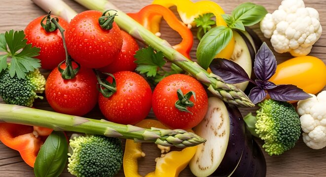 A vibrant composition of fresh, raw vegetables, including bell peppers, asparagus, broccoli, eggplants, and tomatoes, arranged on a light background. Ideal for recipes or diet themes.