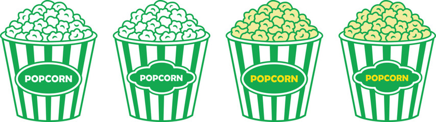 Popcorn bucket silhouette icons set. Minimalist green and white stripes popcorn bucket vector illustration, isolated on transparent background. Eps 10