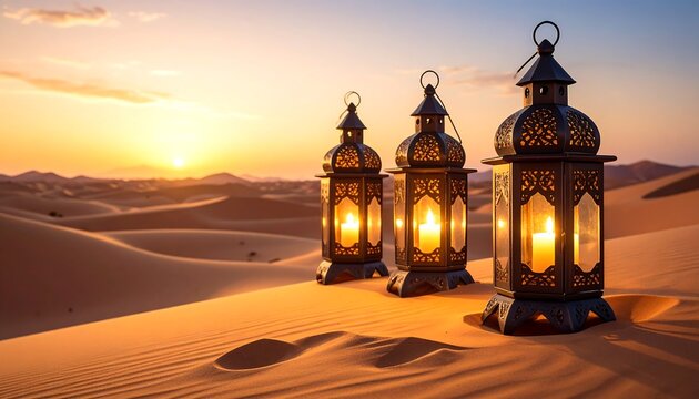 Three lit ornate lanterns stand on a sand dune with a sunset sky over a vast desert
