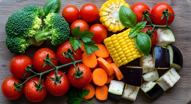 A colorful flat lay arrangement of freshly chopped and whole vegetables, including tomatoes, broccoli, corn, carrots, and eggplant, on a rustic wooden background.