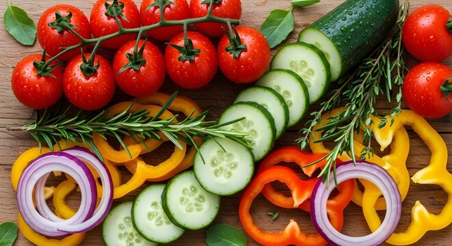 An overhead view of various sliced vegetables like cucumber, onion, and bell pepper, neatly arranged alongside cherry tomatoes on the vine on a wooden cutting board. - Powered by Adobe