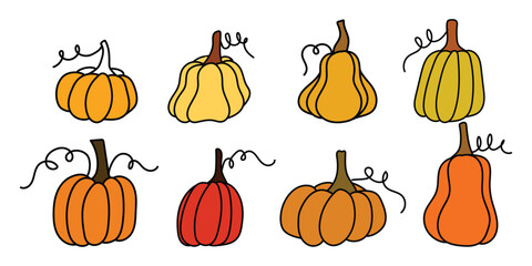 Colorful assortment of hand drawn pumpkins in different shapes for fall designs