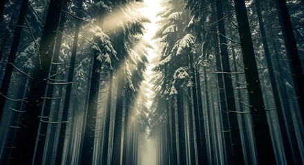  Magical winter Christmas landscape with snowy fir trees viewed from below. A bright beam of light illuminates the forest, creating perfect New Year greeting card scenery.