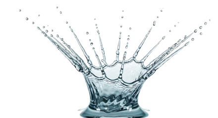 Water crown splash isolated on transparent background, capturing the dynamic moment of impact and the intricate patterns formed by the water droplets, ideal for illustrating concepts of freshness, pur