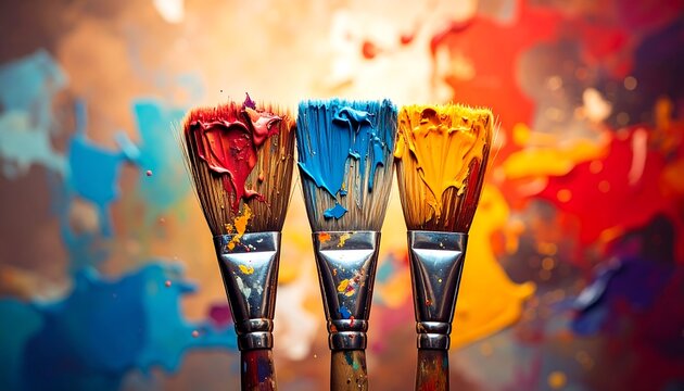 Three paintbrushes with vibrant red, blue, and yellow paint, against a blurred, colorful background