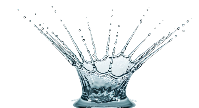 Water crown splash isolated on transparent background, capturing the dynamic moment of impact and the intricate patterns formed by the water droplets, ideal for illustrating concepts of freshness, pur
