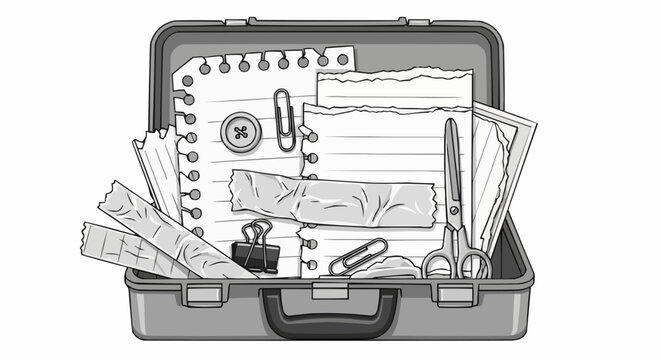 Monochrome line art illustration of an open briefcase with papers and stationery.