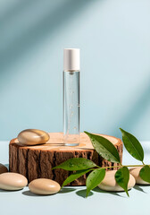  Cylindrical perfume bottle standing on a tree stump with small round stones and a green branch. Minimalist design for product presentation 