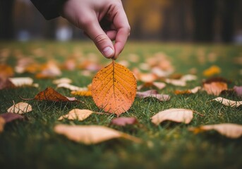 Hand picking up a beautiful orange autumn leaf from a grassy park ground