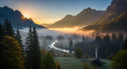 Mountain valley landscape with river and forest at sunrise or sunset