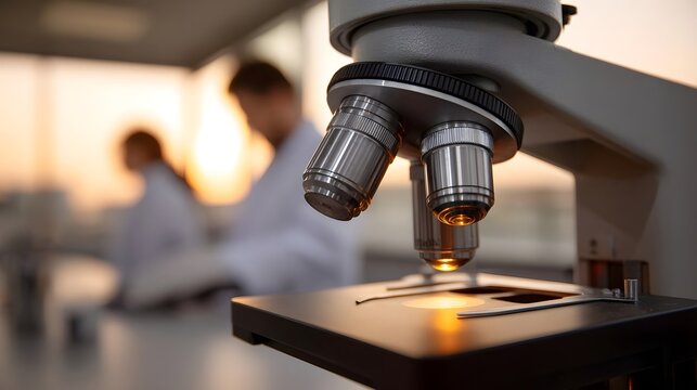Close up of a microscope s objective es in a laboratory during golden hour with blurred scientists in the background - Powered by Adobe