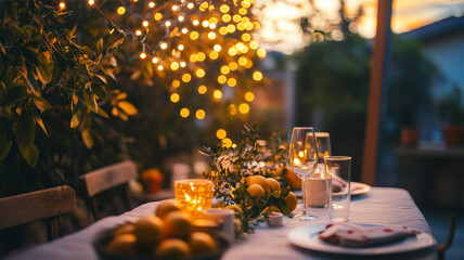Delightful evening gathering on a terrace adorned with fairy lights, inviting decor, and fresh citrus for a memorable outdoor dinner experience
