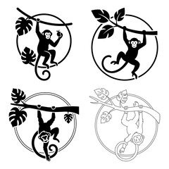 International monkey day four black and white monkey icon variations in circle frame isolated on