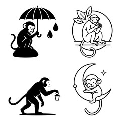International monkey day set of four cute monkey icons, silhouette and line art, isolated on