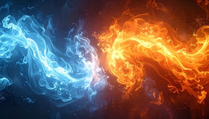 Swirling blue and orange ethereal forms collide against a dark background, like fire and ice meeting in abstract art