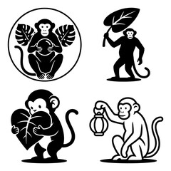 International monkey day set of four black and white monkey icons with tropical leaf and lantern elements
