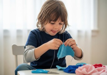Young child earnestly learning to sew with a needle and thread at a small table
