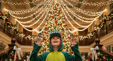 A joyful child in a dinosaur costume looks up in wonder at a festive Christmas tree. A happy boy celebrating the holiday season with excitement
