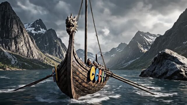 Viking Ship Sailing Through Fjords - A Journey Through Ancient Waters.