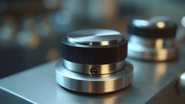 Close up ro photograph showcasing a precision metallic control knob with a ribbed grip mounted on a scientific or industrial instrument panel