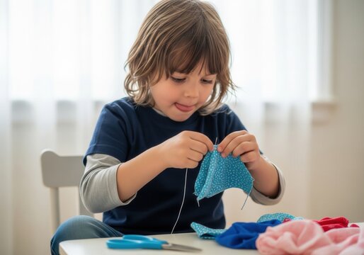 Young child earnestly learning to sew with a needle and thread at a small table