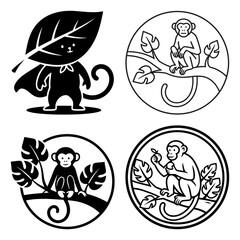 International monkey day set of four black and white monkey illustrations in various jungle and nature settings