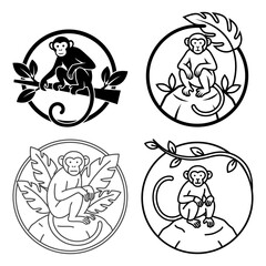International monkey day set of four black and white monkey icon design element in circle frame