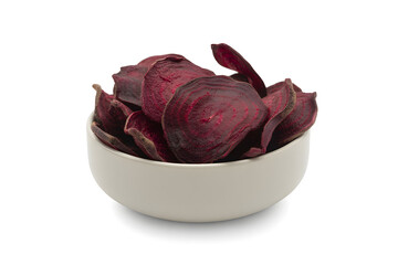 Beet chips healthy snack vegetable chips in bowl isolated on white background