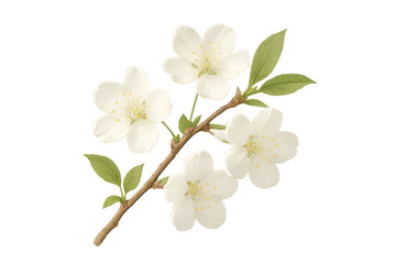 Obraz premium White cherry blossom branch with green leaves blooming, signifying spring, renewal, nature, and beauty on transparent background