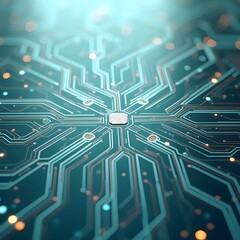 Futuristic microchip circuit shining with bright teal glowing points and detailed electronic pathways
