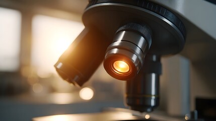 Close up of a scientific microscope illuminated by warm golden light with a blurred bokeh background