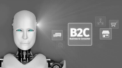 A sleek robot features blue eyes and presents digital icons, illustrating the concept of business to consumer interactions in a modern marketing landscape. Synapse - Powered by Adobe