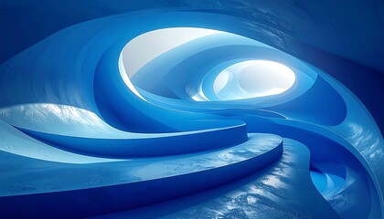 Swirling blue forms creating a futuristic, abstract, cavernous space, with soft lighting highlighting smooth surfaces