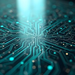 Teal illuminated circuit board glowing with futuristic technology details and digital luminous pathways
