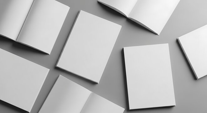 Blank white brochure and magazine mockups scattered on a grey background, perfect for showcasing design and branding