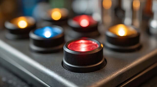 Close up view of illuminated red blue and yellow control knobs on a textured electronic device panel - Powered by Adobe
