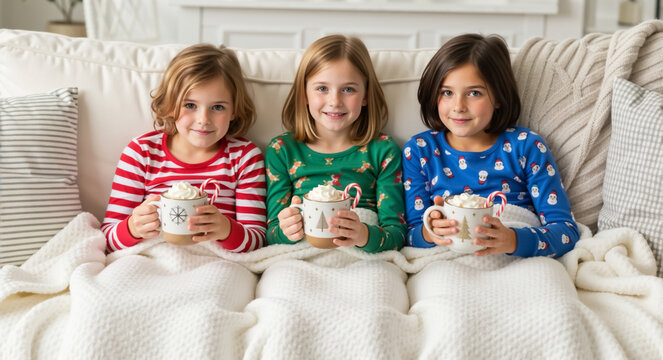 Three happy children in christmas pajamas holding mugs of hot chocolate. Friends smiling together on a couch during the winter holiday season