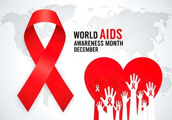 World awareness month december with red ribbon and hands illustration