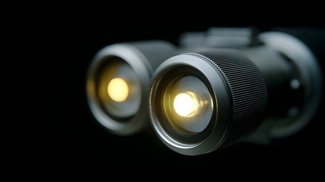 Close up view of two illuminated metallic binocular es against a dark contrasting background highlighting precision optics