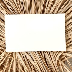 Square white paper card mockup template on dried palm leaves for luxury tropical invitations. Blank canvas for elegant branding. Natural golden boho decor background with centered copy space for text 