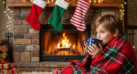 A cozy boy wrapped in a plaid blanket drinks from a mug by a Christmas fireplace. A happy child enjoys the festive holiday season at home with a warm fire and decorations