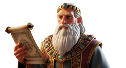 Transparent background  cartoon king with beard sitting on an ornate golden throne wearing a purple and gold robe and crown