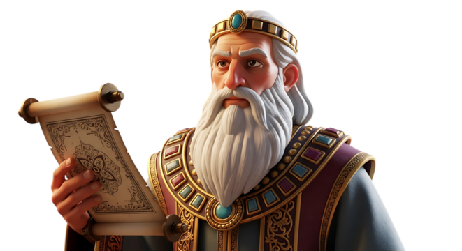 Transparent background  cartoon king with beard sitting on an ornate golden throne wearing a purple and gold robe and crown - Powered by Adobe