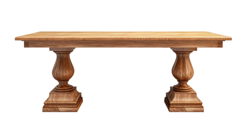 Elegant wooden dining table with intricate base and smooth surface design
